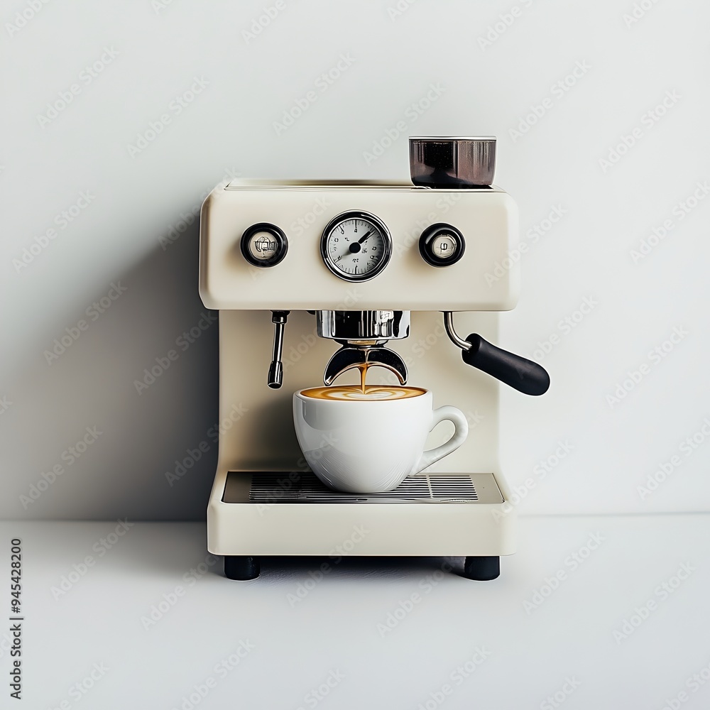 Poster a close up photograph showcasing a centrally positioned cappuccino maker placed on a plain minimalis