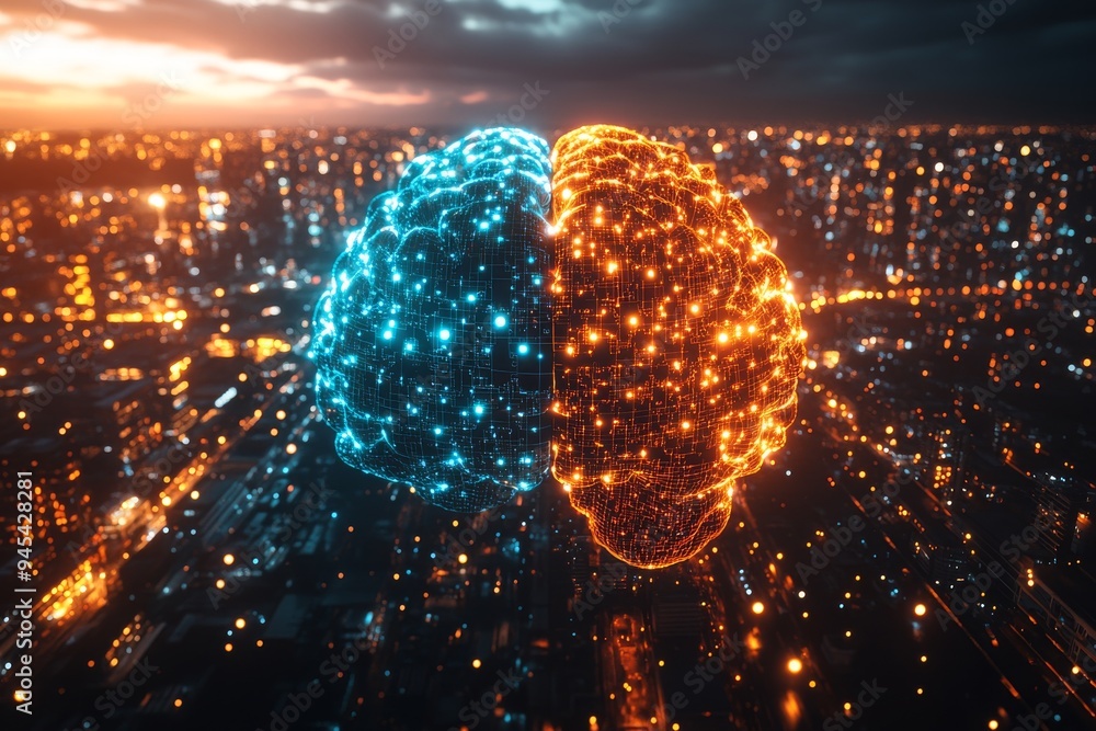 Poster futuristic digital brain with light emissions representing cognitive energy neural networks and tech