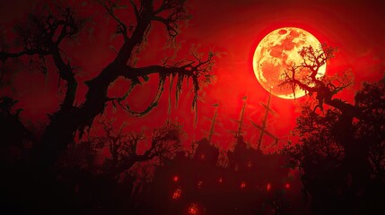 Fototapeta premium A haunting landscape featuring a vivid red moon shining through dark, twisted trees, evoking an eerie atmosphere.