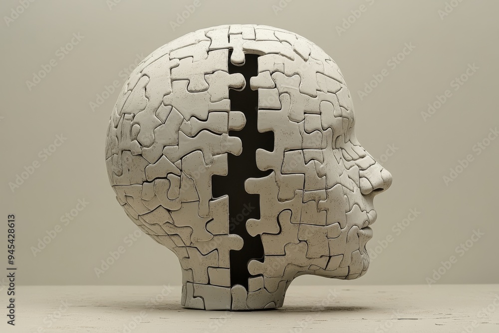 Poster side profile of a human head with puzzle piece inlays depicting the fragmentation and reconstruction