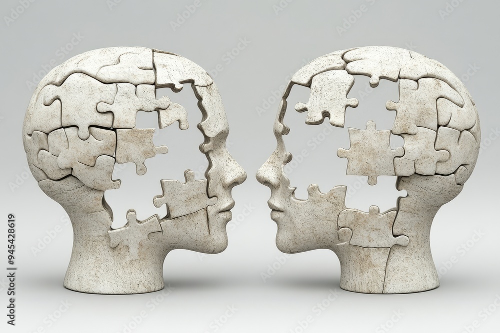 Poster abstract sculpture of two human heads with puzzle piece cutouts representing the cognitive connectio