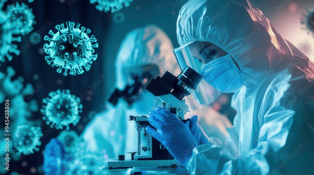 Aufkleber medical professionals in protective suits investigate viruses using a microscope, highlighting criti