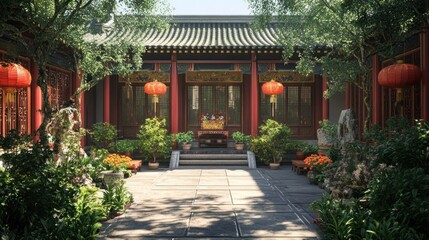 Obraz premium A serene courtyard with a traditional Chinese building, adorned with red lanterns and surrounded by lush greenery, invites relaxation and tranquility.