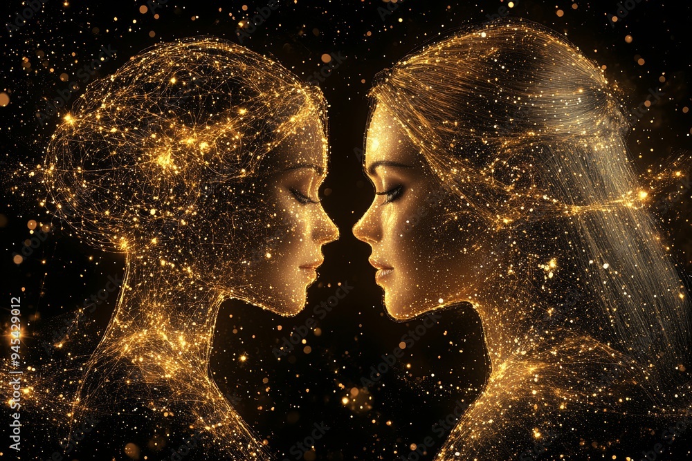 Poster golden silhouette reflection of twin faces representing psychic connection shared thoughts and emoti
