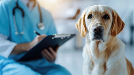 A veterinarian examining a Labrador retriever in a modern clinic, showcasing pet care and health awareness.