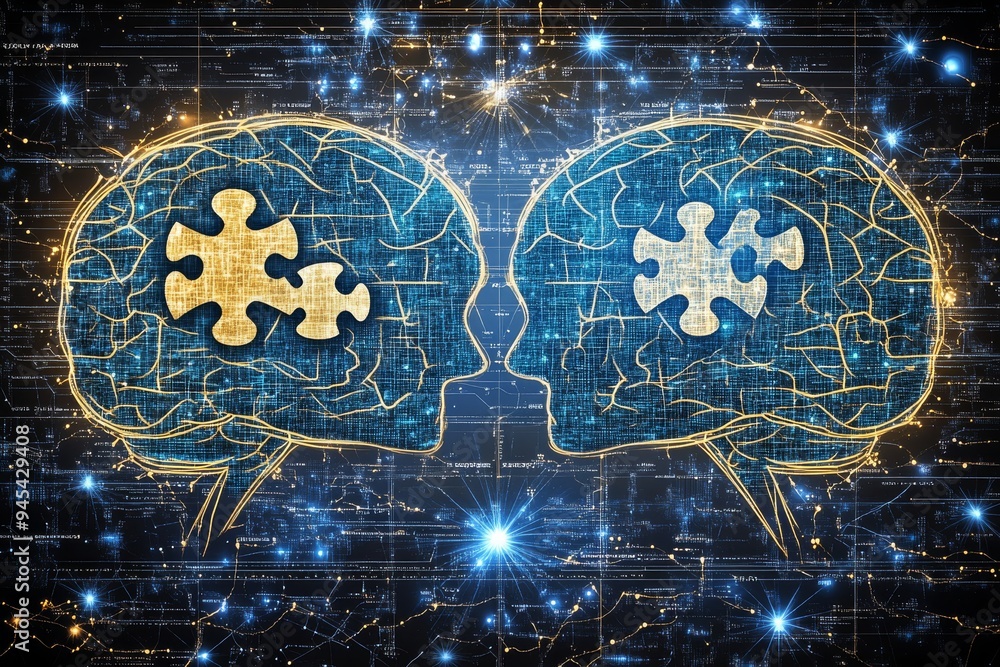 Poster digital illustration of brain puzzle interface depicting the cognitive interactions and neural netwo