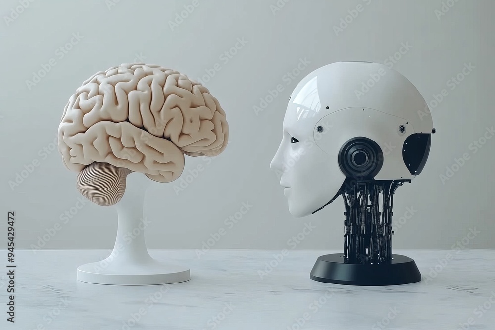 Poster abstract sculpture of a brain and robotic head depicting the intersection between human thought and 