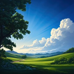 Obraz premium Serene landscape featuring lush green hills, a clear blue sky, and fluffy clouds, perfect for nature-themed projects.