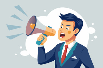 Warning message, shouting alert or danger warning, important message on loud speaker, emergency attention, safety or urgency scream concept, businessman shouting on megaphone with exclamation point
