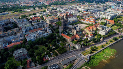 Aerial view of the old town of the city Magdeburg in Germany on a sunny day in summer	