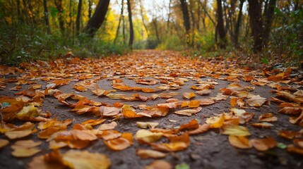 A Serene Autumn Walk Through a Leafy Forest Pathway