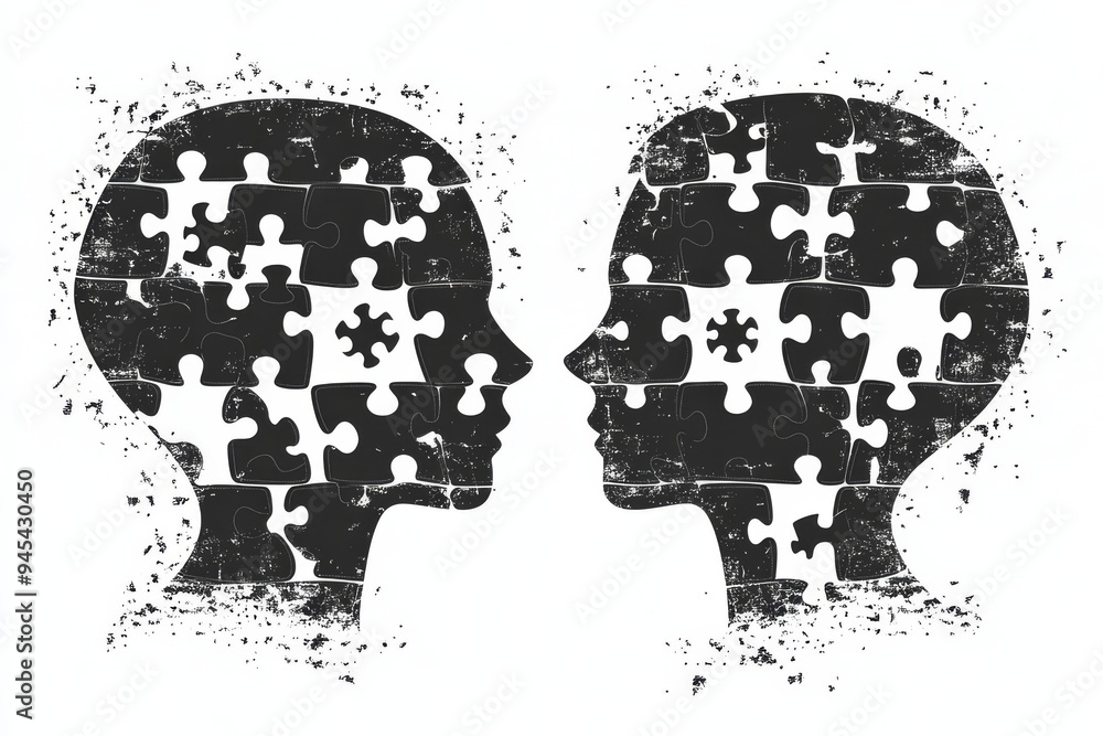 Poster black and white abstract silhouettes of human faces with puzzle cutouts depicting the fragmentation 