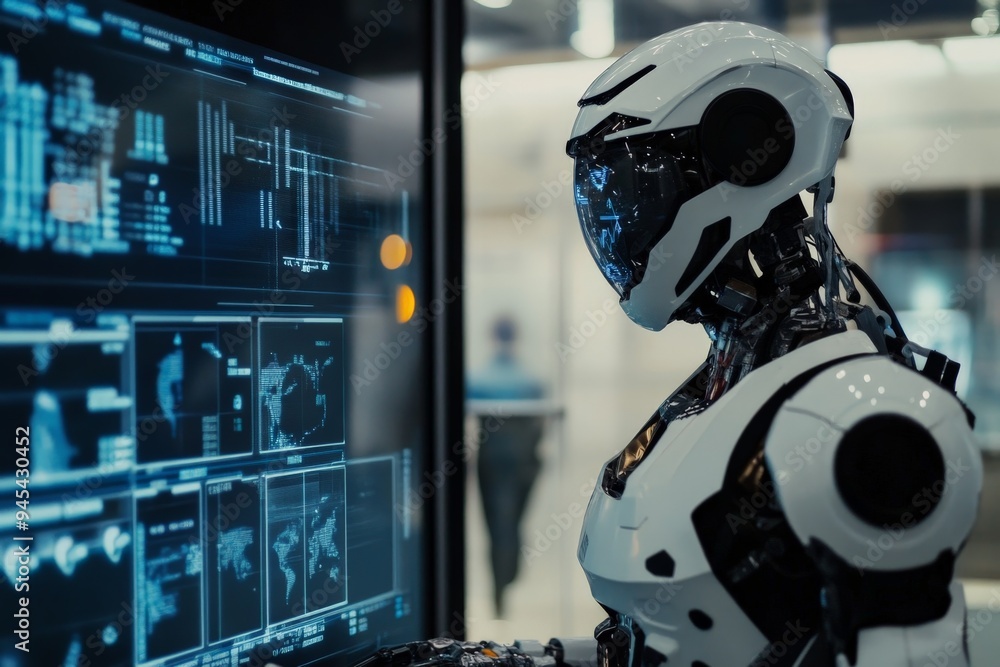 Poster A high-tech robot stands in front of a futuristic screen filled with complex data and diagrams, highlighting the integration of advanced technology and artificial intelligence.
