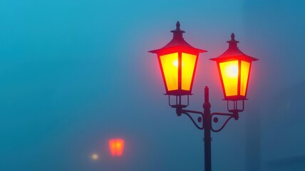 Glowing street lamps in a foggy street, vintage ambiance, moody night scene, soft and warm lighting, urban tranquility