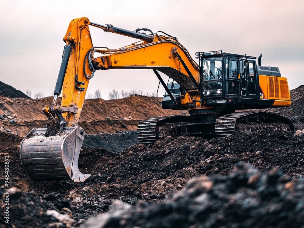 Poster futuristic electric excavator in a field high tech digging with sharp front and large wheels