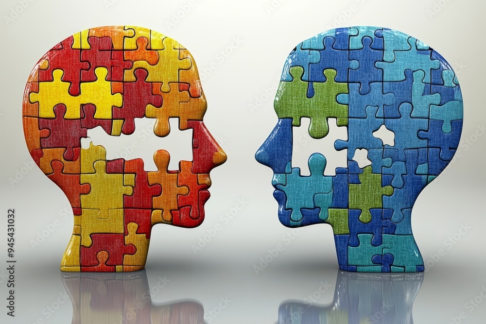 Poster colorful puzzle piece heads facing each other depicting cognitive diversity problem solving and inte