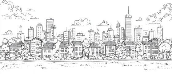 Fototapeta premium Hand-drawn city skyline illustration showcasing a blend of modern and traditional architecture surrounded by nature.