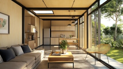 Fototapeta premium Modern living room with large windows, wood accents, and a view of green foliage.