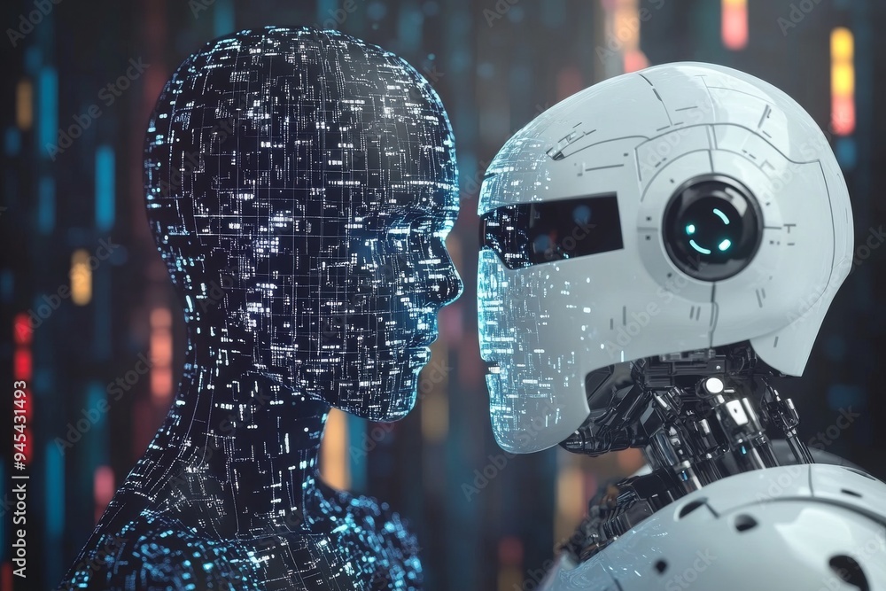 Poster digital portrait of a human and robot face to face depicting the cognitive interaction and convergen