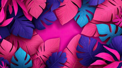 Vibrant tropical leaves in shades of pink, purple, and blue create a stunning background for creative projects.
