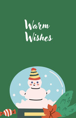 Cute xmas vertical greeting card with glass bauble and festive decorations. Hand drawn vector illustration. Flat cartoon christmas banner or poster.