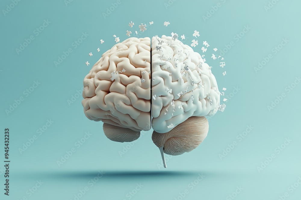 Poster surrealist illustration of a brain divided in half depicting the fragmentation of thought processes 