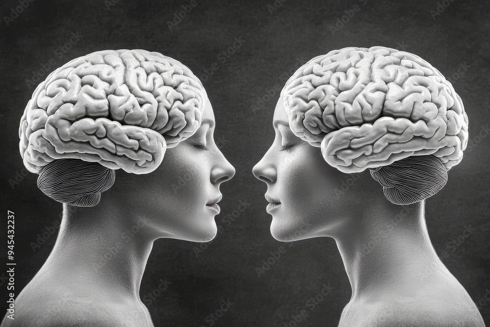 Poster abstract sculptures of two female heads with brain structures highlighted representing the cognitive