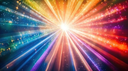 Stage lights backdrop, Dazzling light rays fanning out from a central source, rainbow colors, dramatic concert setting, vibrant deal for music event promotions or futuristic concepts with copy space.