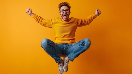 A joyful young man in a bright yellow sweater and blue jeans jumps in the air with excitement against a vibrant orange background.