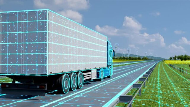 Smart Logistics: Generic autonomous semi truck with cargo trailer driving through green landscape. Scanning and digitalizing effetcs. Future Technology Concept. 3D animation rendering