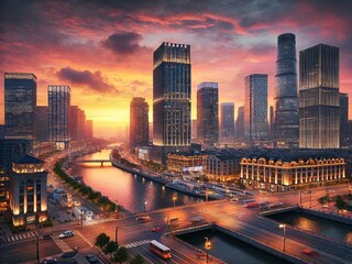 Obraz premium モダンシティスケープ サンセット