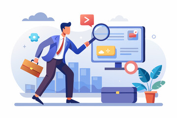 Search or discover new information, find new job or career available, research and analyze information, SEO website optimization, searching concept, businessman search new job on virtual search box.
