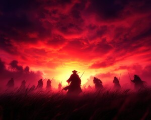 Fototapeta premium A dramatic silhouette of warriors in a field, set against a vibrant sunset sky filled with colors of red and purple.