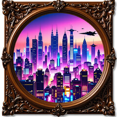 A futuristic cityscape reflected in the surface of a vintage wooden mirror on a white background.

