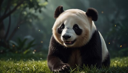 Fototapeta premium Playful Panda in Lush Greenery