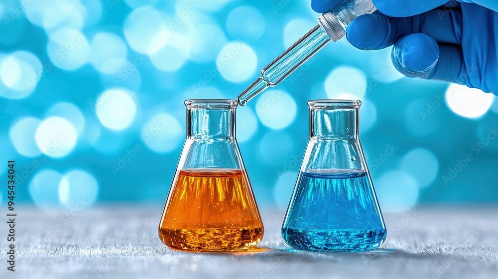 Poster scientist conducting an experiment with colorful liquids in laboratory flasks, emphasizing chemistry