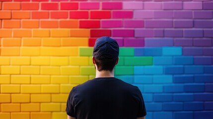 Man Facing Colorful Brick Wall, Symbolizing Mental Health Barriers and the Journey to Overcome Them"