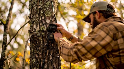 Naklejka premium A person installing a camera on a tree in a forest setting for wildlife monitoring.