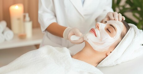 Obraz premium horizontal image, a woman, receiving a face mask. With copy space for text. Skincare treatment concept. For banner, design, salon, clinic, cosmetologist, web, promo