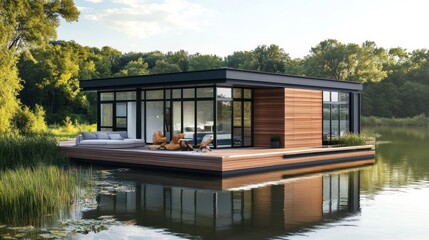 Obraz premium Modern house on stilts over a lake with large windows and a wooden deck.