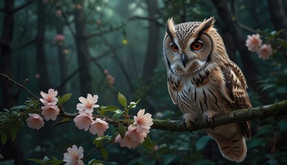 Obraz premium Majestic Owl Amidst Blossoming Trees