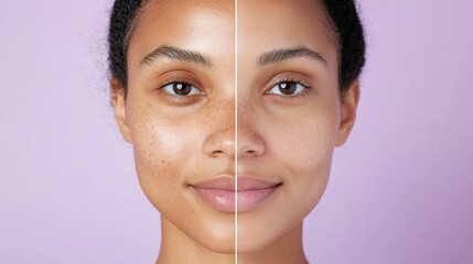 Collage, woman's face before and after skin treatment procedures Transformation and makeover concept. For banner, design, dermatology, clinic, spa, flyer, beautician, blog, cover, social media