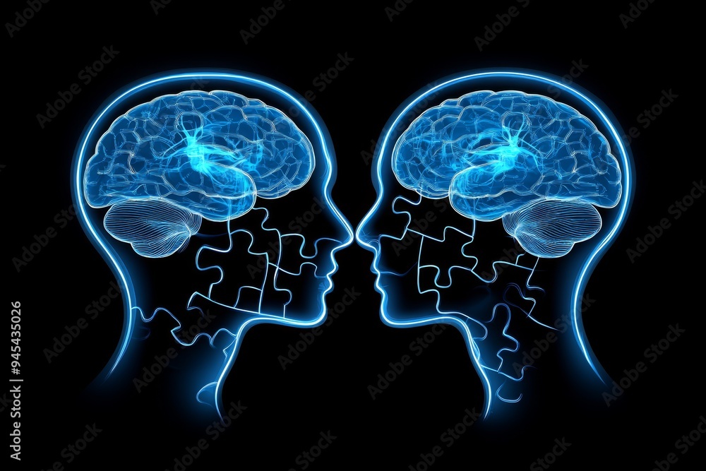 Poster neon digital illustration of two human heads with puzzle brain designs depicting the complexity of c