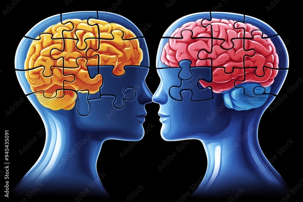 Poster dual human heads with color coded brain structures depicting the contrast between analytical and cre