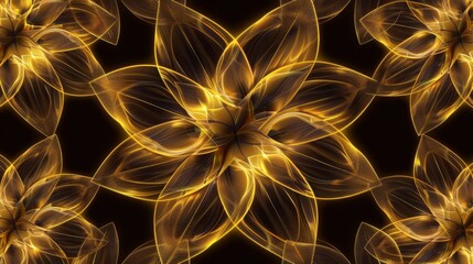 This image depicts a symmetrical pattern of golden fractal flowers against a black background, highlighting intricate details