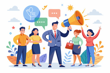 Recommendation, like or business feedback, office reputation, customer feedback or announce best quality promotion, recommend career concept, business people announce on megaphone with thumbs up. 
