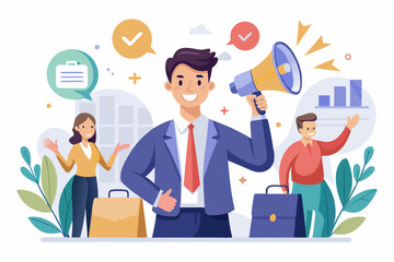 Recommendation, like or business feedback, office reputation, customer feedback or announce best quality promotion, recommend career concept, business people announce on megaphone with thumbs up. 
