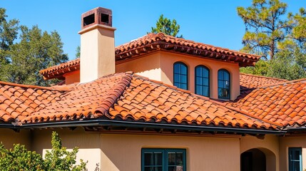 A beautiful Spanish style home with a terracotta tile roof, three arched windows, and a chimney.