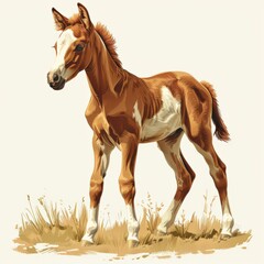 Fototapeta premium A brown and white foal stands in a field of grass, its head turned to the side. The foal has a white blaze on its face and white markings on its legs
