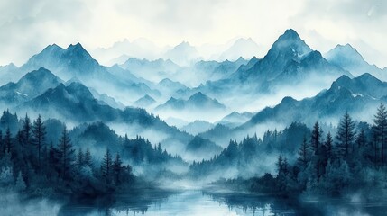 Obraz premium ethereal watercolor landscape of majestic mountain range misty peaks fading into distance soft pastel hues evoking sense of tranquility and awe